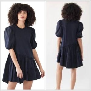 Cinq à Sept Caitlin Puff Sleeve Navy Blue Tiered Asymmetrical Mini Dress - Small